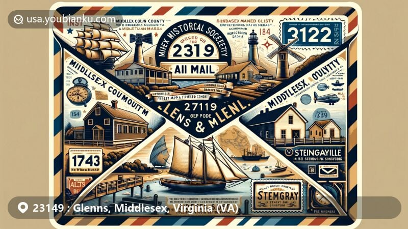 Modern illustration of Glenns, Middlesex County, Virginia, with air mail envelope design showcasing local landmarks like the Middlesex County Museum & Historical Society, the 1755 John Mitchell Map at Urbanna Museum, Deltaville Maritime Museum & Holly Point Nature Park, and Stingray Lighthouse, along with Sunnyside Saluda dining highlights.