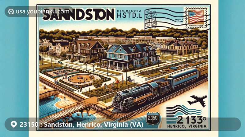 Modern illustration of Sandston, Henrico, Virginia, representing ZIP code 23150, featuring vintage postcard layout with Sandston Historic District, Taylor Farm Park, railroad, Richmond International Airport, and Virginia state symbols.