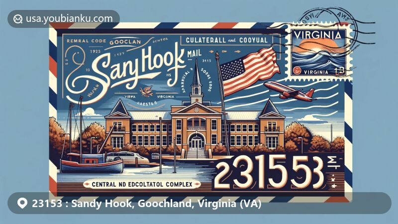 Modern illustration of Sandy Hook, Goochland County, Virginia, featuring Central High School Cultural and Educational Complex (CHS) and Virginia state flag with postal elements and ZIP Code 23153.