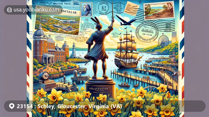 Modern illustration of Schley, Gloucester County, Virginia, fusing regional and postal themes, showcasing maritime history, fields of daffodils, and a bronze statue of Pocahontas. Featuring a vintage postcard design with ZIP code 23154, air mail elements, and vibrant colors.