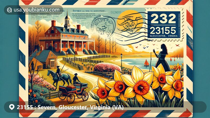Modern illustration of Severn, Gloucester County, Virginia, featuring Warner Hall Plantation, bronze statue of Pocahontas, daffodils, Severn River, and patriotic symbols, all within a postcard-inspired design.