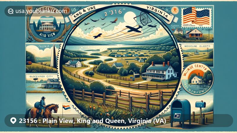 Modern illustration of Plain View, King and Queen County, Virginia, showcasing postal theme with ZIP code 23156, featuring rural landscapes and Virginia state symbols.
