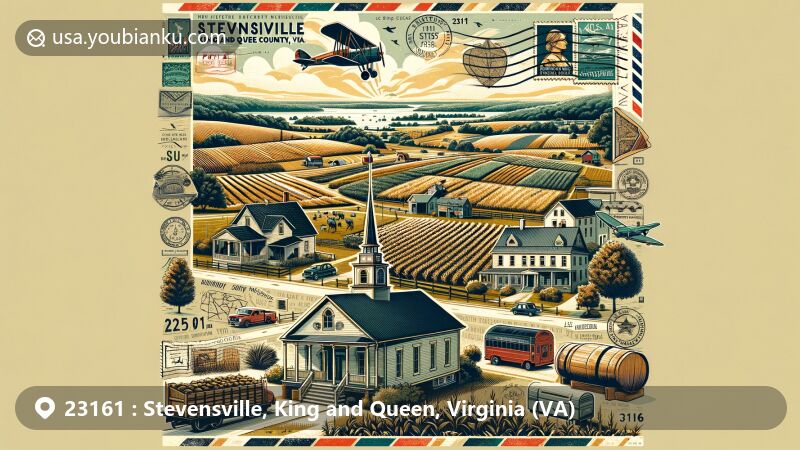 Modern illustration of Stevensville, King and Queen County, Virginia, showcasing postal theme with ZIP code 23161, featuring agricultural landscapes and King and Queen Courthouse Tavern Museum.