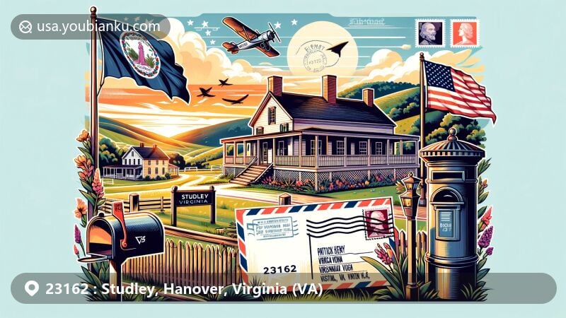 Modern illustration of Patrick Henry's birthplace in Studley, Virginia, capturing the Virginia state flag and iconic Virginian landscapes, incorporating postal elements like ZIP code 23162 and airmail theme.