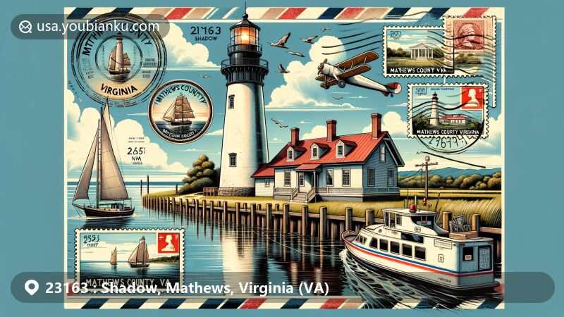 Modern illustration of Shadow, Mathews County, Virginia, featuring New Point Comfort Lighthouse and Mathews County Courthouse, highlighting maritime history and postal significance.