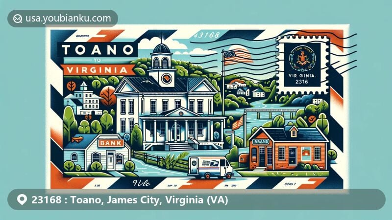 Modern illustration of Toano, Virginia, blending natural beauty elements like Little Creek Reservoir Park with historical landmarks such as the Old Bank Building from Toano Historic Commercial District, featuring Virginia state flag and postal theme with ZIP code 23168.