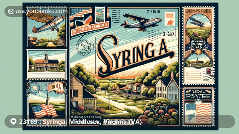 Modern illustration of Syringa, Middlesex County, Virginia with postal theme and ZIP code 23169, featuring vintage postcard layout showcasing rural charm and Virginia countryside elements.