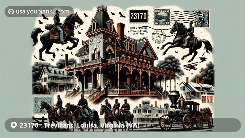 Modern illustration of Trevilians, Louisa County, Virginia, featuring ZIP code 23170 and showcasing regional architecture from Green Springs National Historic Landmark District, including Kenmuir, Oakleigh, and Fair Oaks, with Gothic Revival and Classical Revival styles. Civil War imagery of cavalry, horses, and Trevilian Station battlefield park. Vintage postal elements like air mail envelope, stamps, and postmark.
