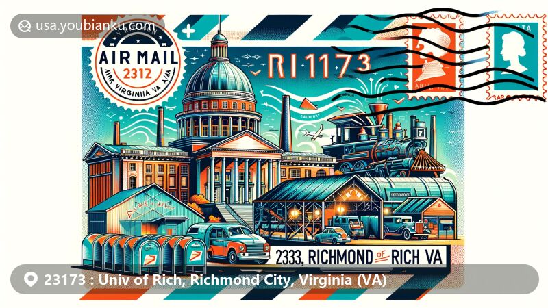 Modern illustration of U.S. ZIP Code 23173 area in Richmond City, Virginia, featuring Virginia State Capitol, Tredegar Iron Works, stamps, postmarks, mailboxes, and postal vehicle.