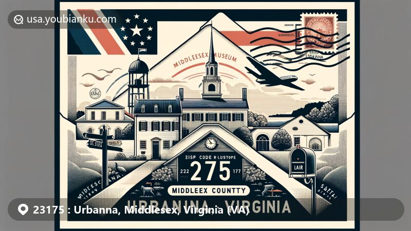 Modern illustration of Urbanna, Middlesex, Virginia (VA), showcasing airmail envelope with silhouettes of Middlesex County Museum and colonial architecture representing Rosegill and Hewick plantations. Background includes Virginia state outline, flag, postal elements, and American mailbox, highlighting Urbanna's cultural heritage.