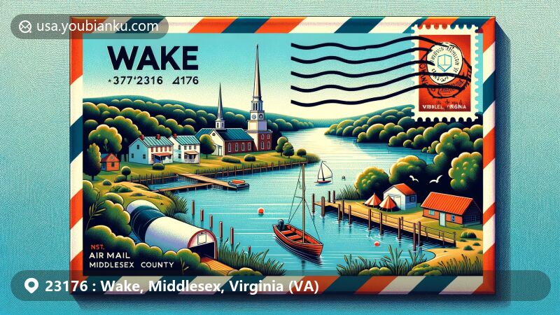Modern illustration of Wake, Middlesex County, Virginia, showcasing postal theme with ZIP code 23176, featuring air mail envelope, postage stamp, and postal mark, set against backdrop of Rappahannock River and Chesapeake Bay.