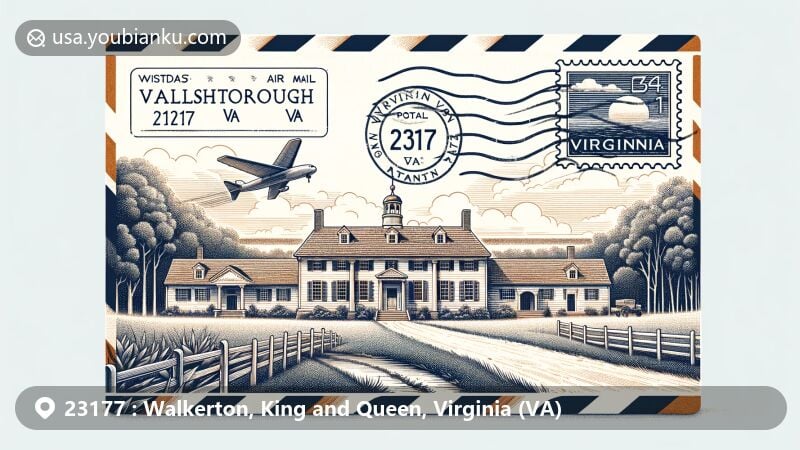 Modern illustration of Hillsborough, historic plantation house in Walkerton, King and Queen County, Virginia, on a vintage airmail envelope with '23177' ZIP code and Virginia state symbol.