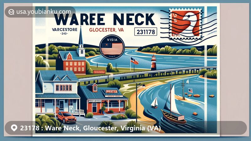 Modern illustration of Ware Neck, Gloucester County, Virginia, highlighting historic Nuttall Store and Post Office, scenic Ware River, Virginia state flag, and postal elements.