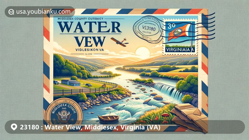 Modern illustration of Water View, Virginia, blending scenic riverside beauty with postal elements within an airmail envelope-style frame.