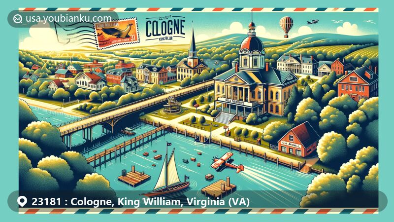 Modern illustration of Cologne, King William, Virginia, showcasing postal theme with ZIP code 23181, featuring King William Courthouse, Chelsea on the Mattaponi River, and Zoar State Forest.
