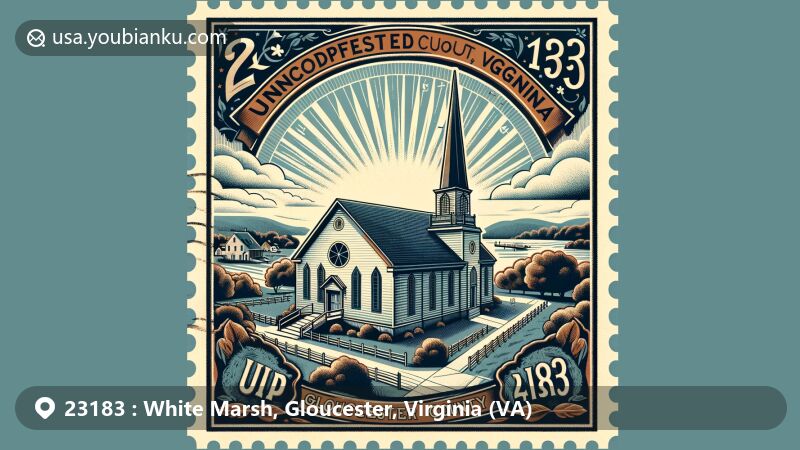 Modern illustration of White Marsh, Gloucester County, Virginia, featuring postal theme with ZIP code 23183, showcasing Abingdon Church, Virginia's natural scenery, and Gloucester County's outline.