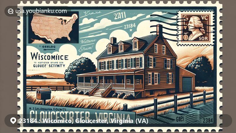 Modern illustration of Wicomico, Gloucester County, Virginia, featuring the historic Timberneck house and elements like the Virginia state flag and vintage postal stamp with ZIP Code 23184.
