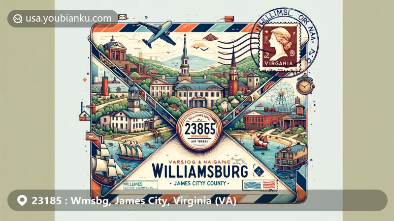 Modern illustration of Williamsburg, Virginia, highlighting 23185 ZIP code area with airmail envelope and key landmarks like Colonial Williamsburg and College of William & Mary.