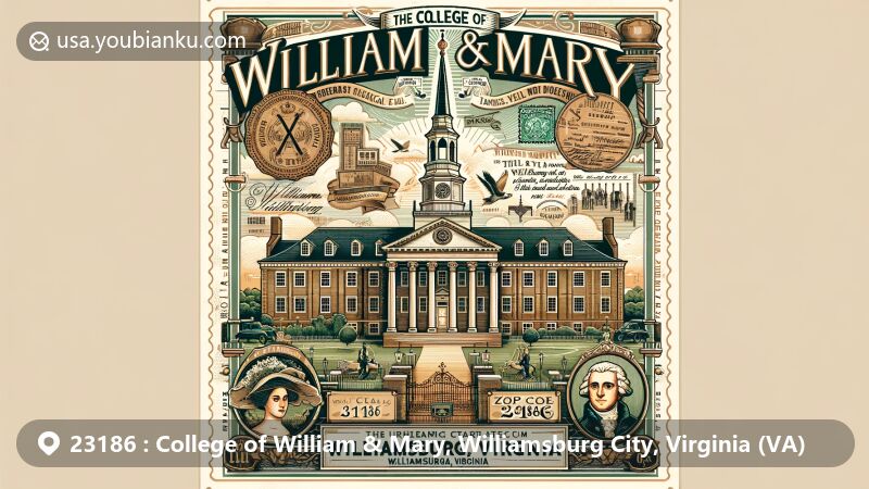 Modern illustration of the College of William & Mary in Williamsburg, Virginia, highlighting the historic Wren Building and connection to notable alumni, with a vintage postcard layout and postal elements in green and gold colors.