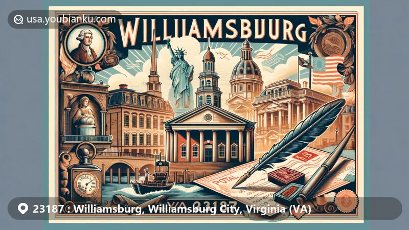Modern illustration of Williamsburg, Virginia, showcasing postal theme with ZIP code 23187, featuring iconic landmarks like Colonial Williamsburg and the Capitol Building, blended with elements symbolizing postal heritage and historical significance.