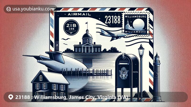 Modern illustration of Williamsburg, James City County, Virginia, featuring postal theme with ZIP code 23188, showcasing iconic landmark George Wythe House and classic American mailbox.