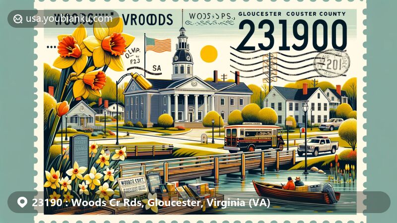 Modern illustration of Woods Crossroads, Gloucester County, Virginia, highlighting postal theme with ZIP code 23190, featuring Gloucester Courthouse, Chesapeake Bay, York River, daffodils, and postal elements.