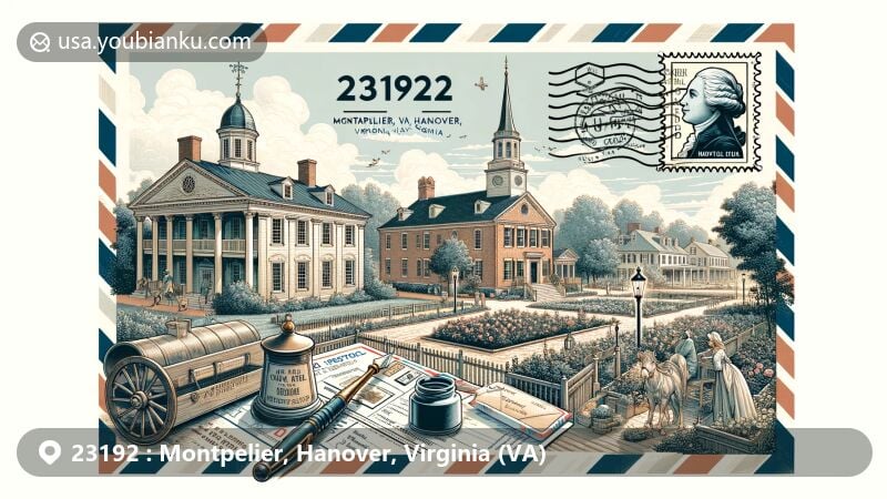 Modern illustration of Montpelier, Virginia, featuring historical buildings like an old school, church, and general store, with the Montpelier Center for Arts & Education as a cultural hub. Includes vintage postal stamp with ZIP code 23192, postmark, and mail accessories.