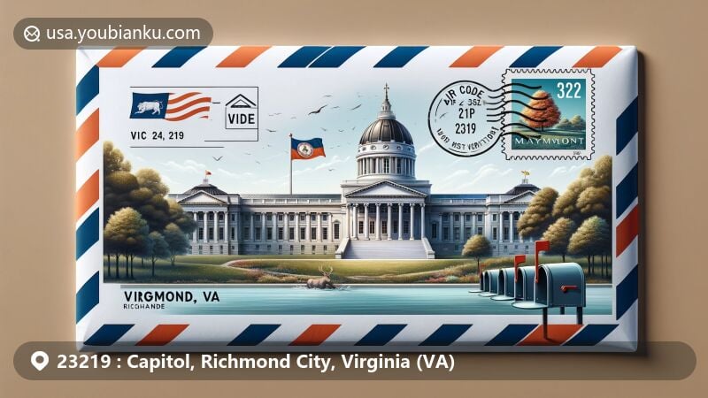 Modern illustration of the Virginia State Capitol and Maymont in Richmond, Virginia, in a air mail envelope design with ZIP code 23219, postmark, mailbox, and state flag.