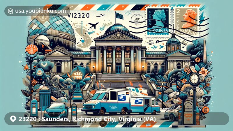 Modern illustration of Saunders, Richmond City, Virginia (VA), with ZIP code 23220, featuring artistic postcard with Virginia Museum of Fine Arts and Maymont estate, postal stamps, postmarks, mailboxes, and vans.