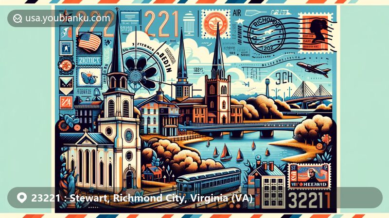 Modern illustration of Richmond, Virginia area for ZIP code 23221, featuring St. John's Church and Belle Isle, with a postal theme design.