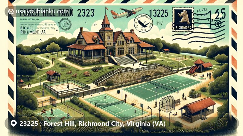 Modern illustration of Forest Hill Park in Richmond City, Virginia, capturing the charm of the Stone House, scenic lake, tennis courts, picnic shelters, playground, and lush greenery.