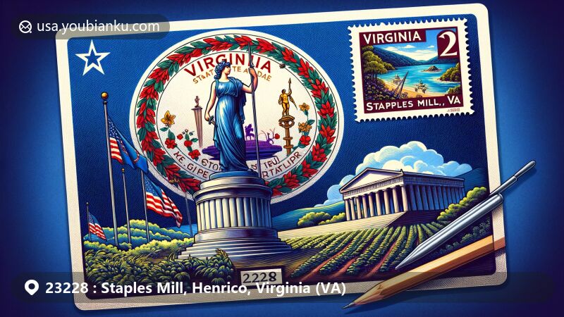 Modern illustration of Staples Mill, Virginia, with airmail postcard against Virginia state flag backdrop, featuring Lewis Ginter Botanical Garden stamp.