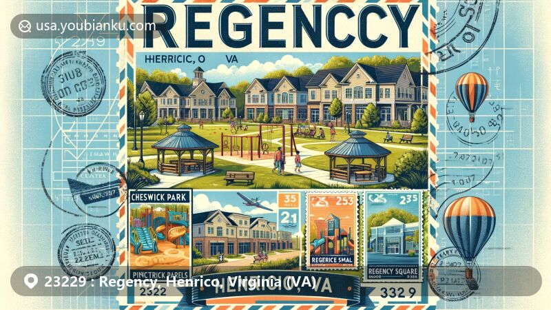 Modern illustration of Regency area in Henrico, Virginia, featuring Cheswick Park and Regency Square Mall, depicted with a postal theme including air mail envelope border, vintage stamps, postmark with ZIP code 23229, and vibrant colors.
