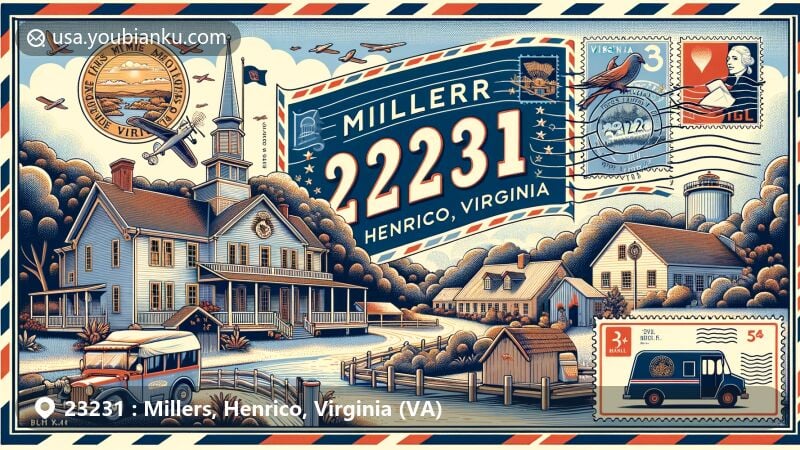 Modern illustration of Millers, Henrico, Virginia, showcasing postal theme with ZIP code 23231, featuring historic Curles Neck Farm, Virginia state flag elements, and state motto 'Sic Semper Tyrannis'.
