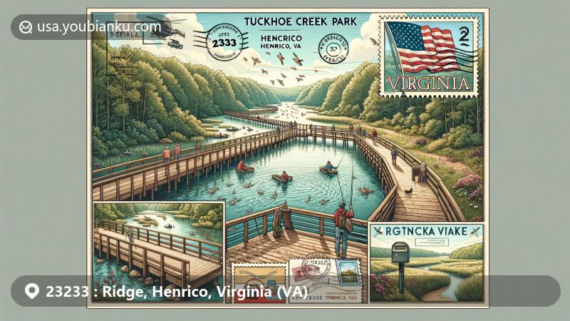 Modern illustration of Ridge, Henrico, Virginia, highlighting Tuckahoe Creek Park's boardwalk system, community access, walking, fishing, and scenic overlooks. Features Virginia state flag and vintage postal elements.