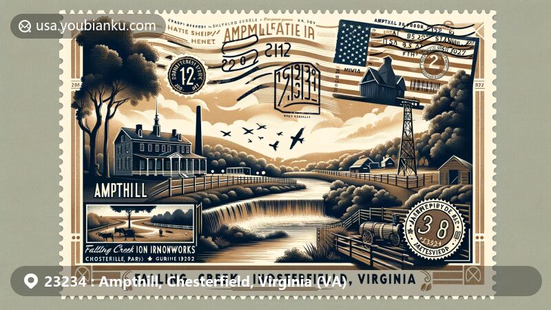 Modern illustration of Ampthill, Chesterfield, Virginia, featuring the silhouette of Ampthill Plantation and Falling Creek Ironworks Park, integrating historical and postal themes, with vintage postcard, stamp, and postmark showcasing ZIP code 23234.
