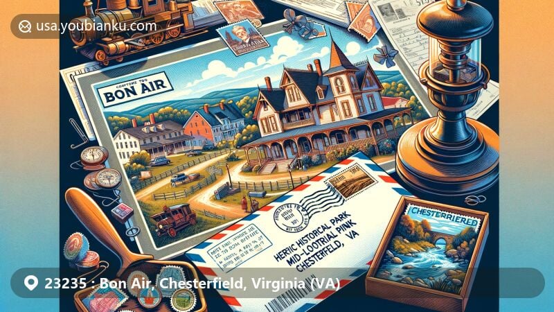 Modern illustration of Bon Air, Chesterfield County, Virginia, featuring vintage architecture, Henricus Historical Park, Mid-Lothian Mines Park, and Swift Creek Mill Playhouse, with air mail envelope and vintage train ticket.