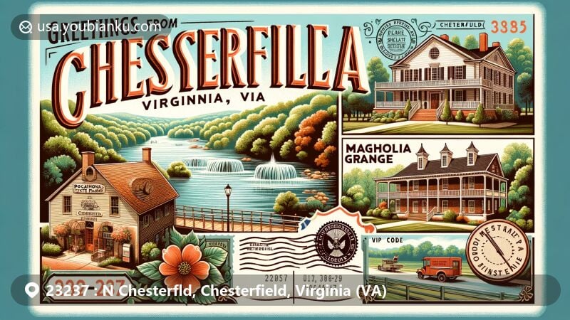 Creative illustration of Chesterfield, Virginia, highlighting ZIP Code 23237, featuring Pocahontas State Park, Swift Creek Mill Theatre, and Magnolia Grange in a vintage postcard design with Virginia state symbols.