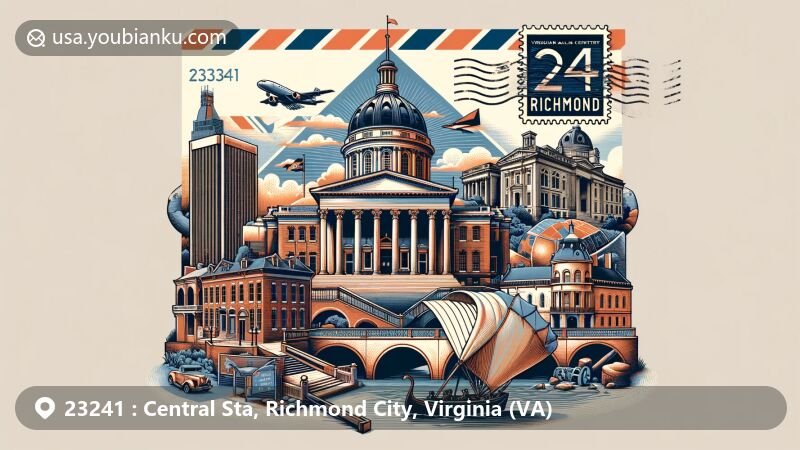 Modern illustration of landmarks and cultural heritage in Richmond, VA, with postal theme showcasing ZIP code 23241. Features retro airmail envelope revealing Virginia State Capitol, Edgar Allan Poe Museum, and Tredegar Iron Works, symbolizing the city's diverse history from founding to Civil War and literary contributions. Depicts James River motif and custom stamp of Hollywood Cemetery, resting place of two US presidents. Warm nostalgic color palette with readable 'Richmond, VA' and '23241' for visual appeal on themed website.