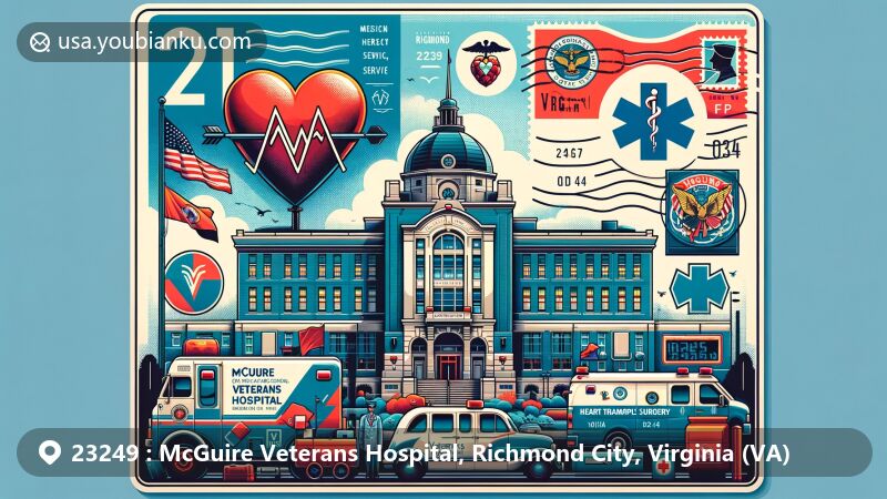 Contemporary illustration of McGuire Veterans Hospital in Richmond City, Virginia, showcasing iconic facade and elements highlighting medical service and veterans' history, including vintage ambulance and symbolic heart for heart transplant achievements, with Virginia state symbols and postal design elements.