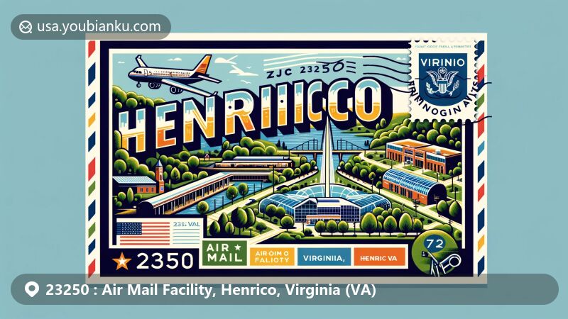 Modern illustration of Air Mail Facility in Henrico, Virginia, featuring state flag and Henrico Sports & Events Center, with postal motifs and ZIP code 23250.