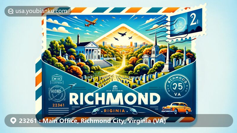 Modern illustration of Richmond, Virginia, representing ZIP code 23261, featuring Maymont Park and Hollywood Cemetery within an airmail envelope theme, highlighting the city's history and natural beauty.