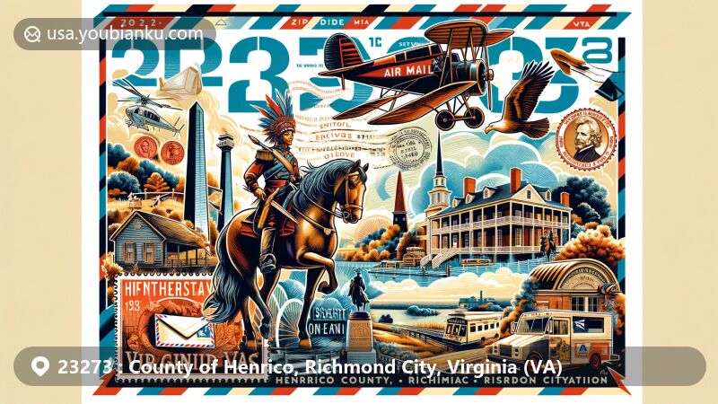 Modern illustration of Henrico County, Richmond City, and Virginia (VA) showcasing historical and postal features with ZIP code 23273, incorporating Civil War Trail, Stuart Monument, and Varina Farms Plantation landmarks, featuring a decorative airmail envelope with iconic stamp, depicting historical figures like Pocahontas and John Rolfe, including postal elements like mailbox and mail truck, highlighting the rich history of the area.