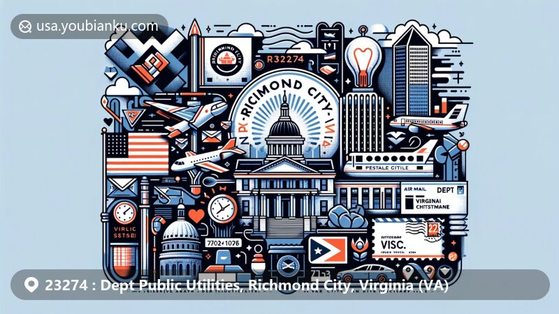 Modern illustration of Richmond City, Virginia, highlighting Dept Public Utilities, featuring the state flag, Virginia State Capitol, air mail envelope, stamps, postmarks, and ZIP Code 23274.