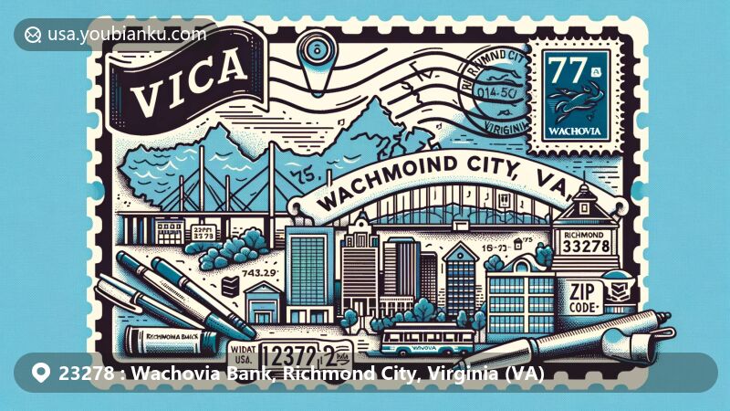 Modern illustration of Wachovia Bank in Richmond City, Virginia, with postcard theme and ZIP code 23278, showcasing Virginia state flag and Richmond City outline.