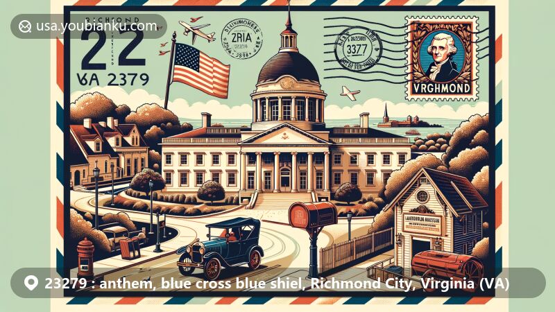 Modern illustration of Richmond, Virginia, showcasing postal theme with ZIP code 23279, highlighting Virginia State Capitol, Maymont estate, Edgar Allan Poe Museum, and James River.