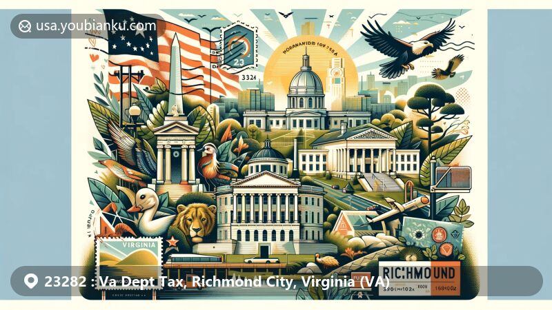 Creative postcard illustration of Richmond, Virginia's ZIP Code 23282 area, featuring Maymont, Hollywood Cemetery, and Virginia State Capitol.