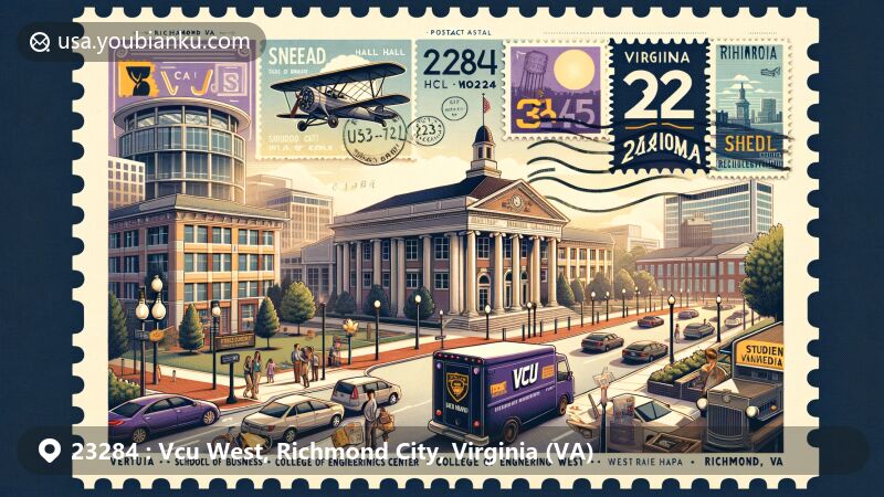 Modern illustration of VCU West, Richmond City, Virginia, showcasing postal theme with ZIP code 23284, featuring Snead Hall, School of Business, Student Media Center, and College of Engineering West Hall/Virginia Microelectronics Center.
