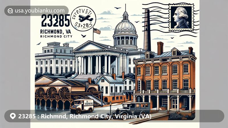 Modern illustration of Richmond, Richmond City, Virginia, embodying postal theme for ZIP code 23285, featuring iconic landmarks like Virginia State Capitol, Tredegar Iron Works, and Church Hill Historic District.
