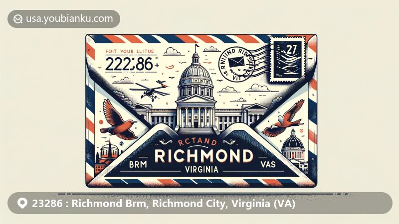 Modern illustration of Richmond Brm, Richmond City, Virginia, showcasing postal theme with ZIP code 23286, featuring Virginia State Capitol and airmail envelope with stamps and postmark.
